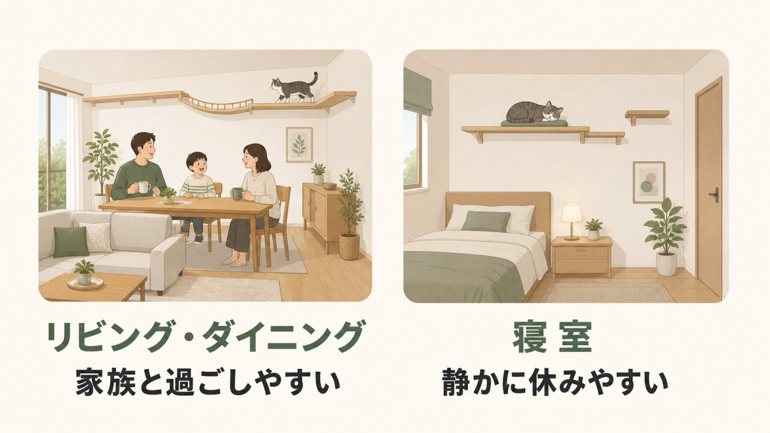 リビング・ダイニングは家族と過ごしやすく、寝室は静かに休みやすいことを比較したキャットウォーク設置場所の図解