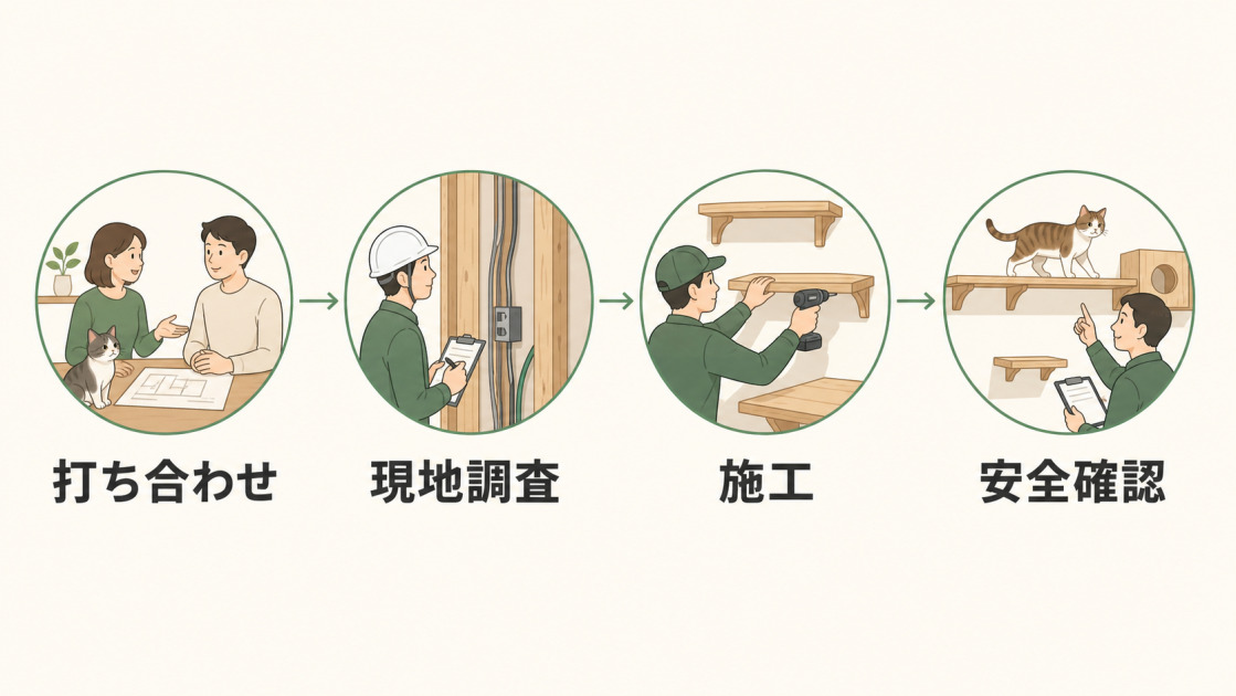 打ち合わせ、現地調査、施工、安全確認の順に進むキャットウォーク設置リフォームの流れの図解