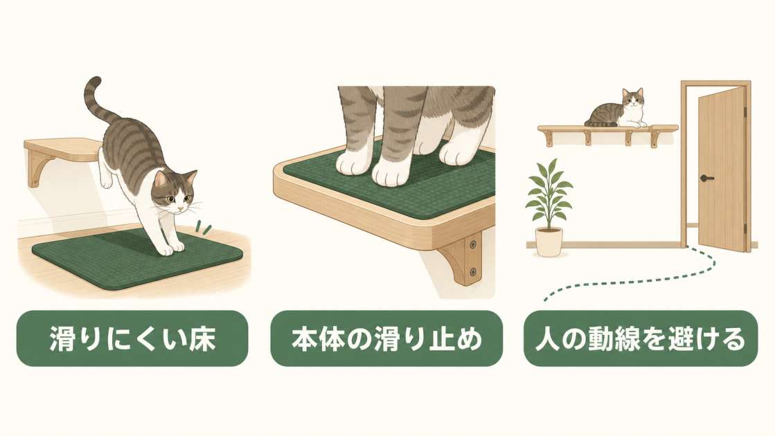 滑りにくい床、本体の滑り止め、人の動線を避けるというキャットウォークの3つの安全対策を示す図解