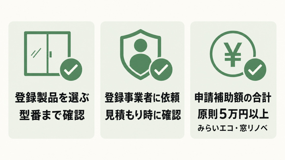 住宅省エネ2026キャンペーン申請前に登録製品の型番、登録事業者、申請補助額合計の下限を確認する図解