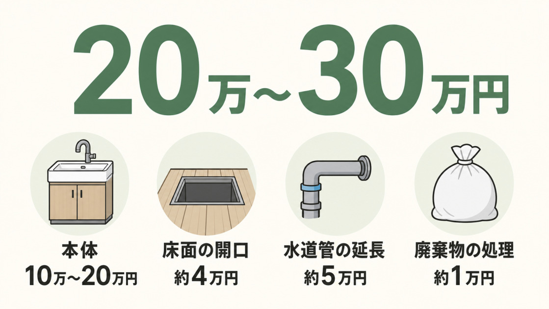 手洗い場の増設費用は合計20万〜30万円が目安で、本体10万〜20万円、床面開口約4万円、水道管延長約5万円、廃棄物処理約1万円と示す図解