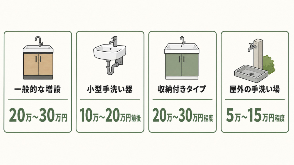 一般的な手洗い場増設20万〜30万円、小型手洗い器10万〜20万円前後、収納付き20万〜30万円程度、屋外5万〜15万円程度を比較した図解