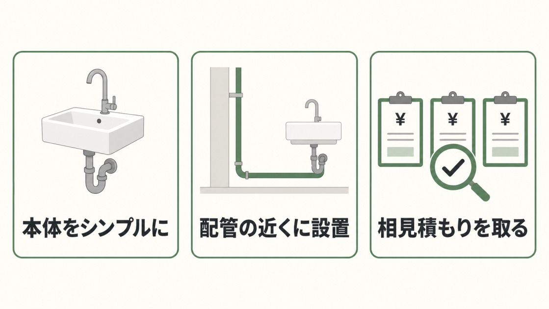 手洗い場の増設費用を抑える方法として、本体をシンプルにする、配管の近くに設置する、相見積もりを取るの3つを示す図解