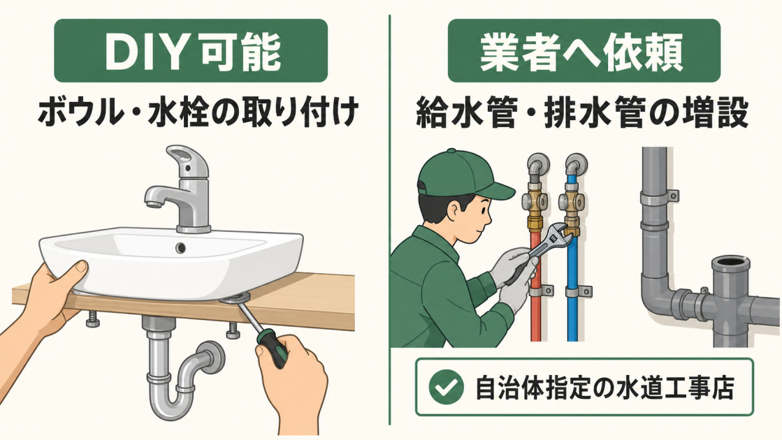手洗い場の増設でDIY可能なボウル・水栓の取り付けと、水道工事店へ依頼する給水管・排水管の増設を分けて示す図解
