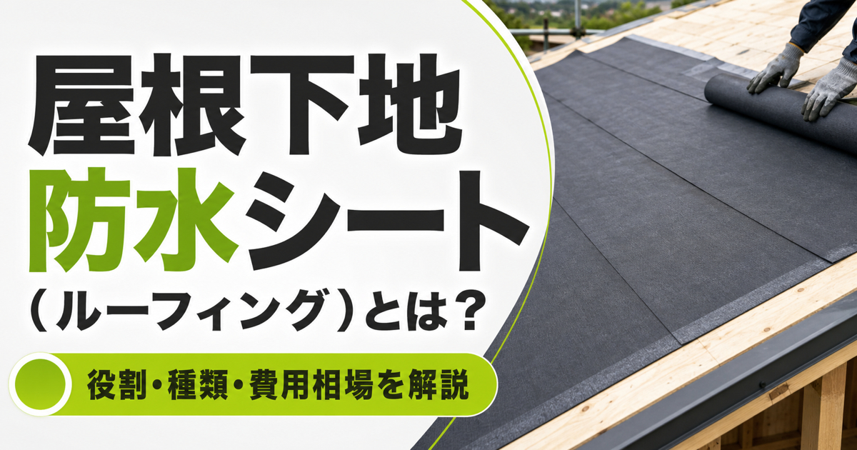 屋根下地防水シートを施工する様子と、ルーフィングの役割・種類・費用相場を解説するサムネイル画像