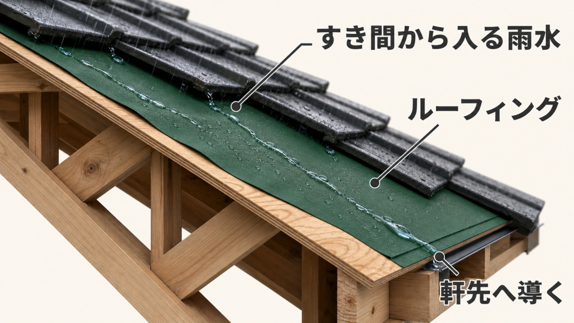 雨に濡れた屋根材の下で、緑色の防水シートが雨水を軒先へ流し、野地板と木材が乾いた状態に保たれている断面