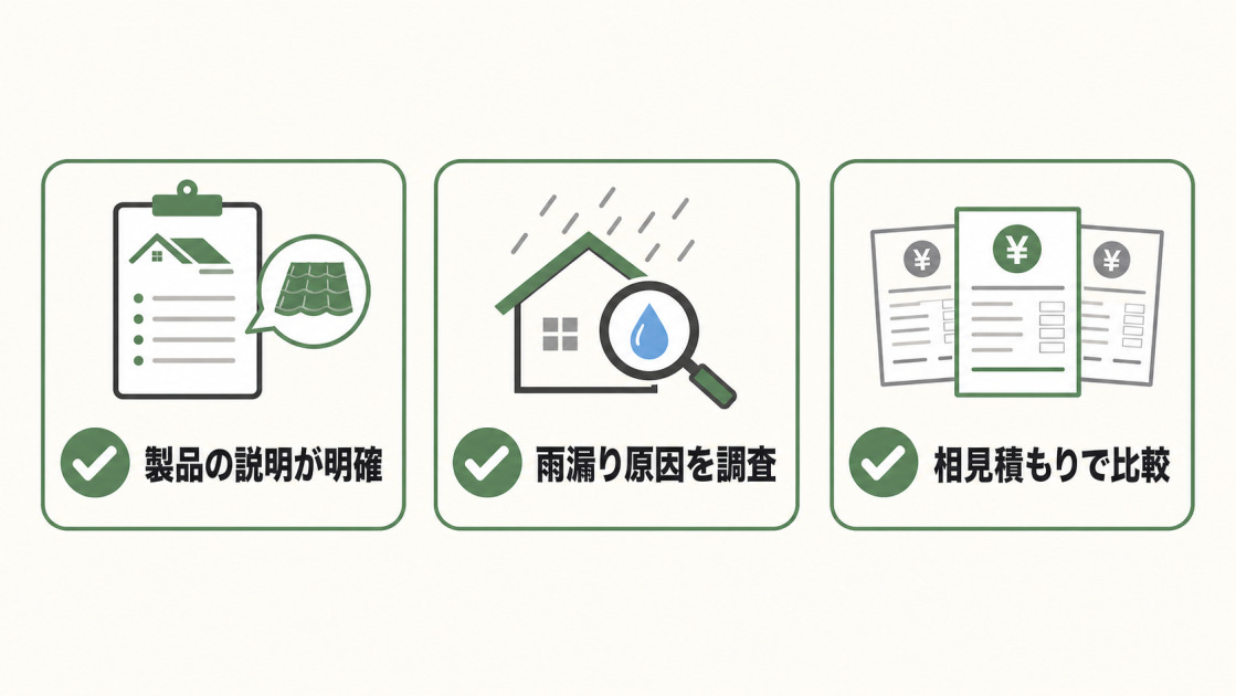 製品説明・雨漏り原因調査・相見積もり比較の3点で屋根工事業者を選ぶチェックリスト図解