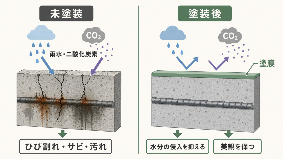 コンクリート塗装前後を比較し、塗膜が雨水や二酸化炭素の侵入を抑えてひび割れ・サビ・汚れを防ぎやすくする仕組み