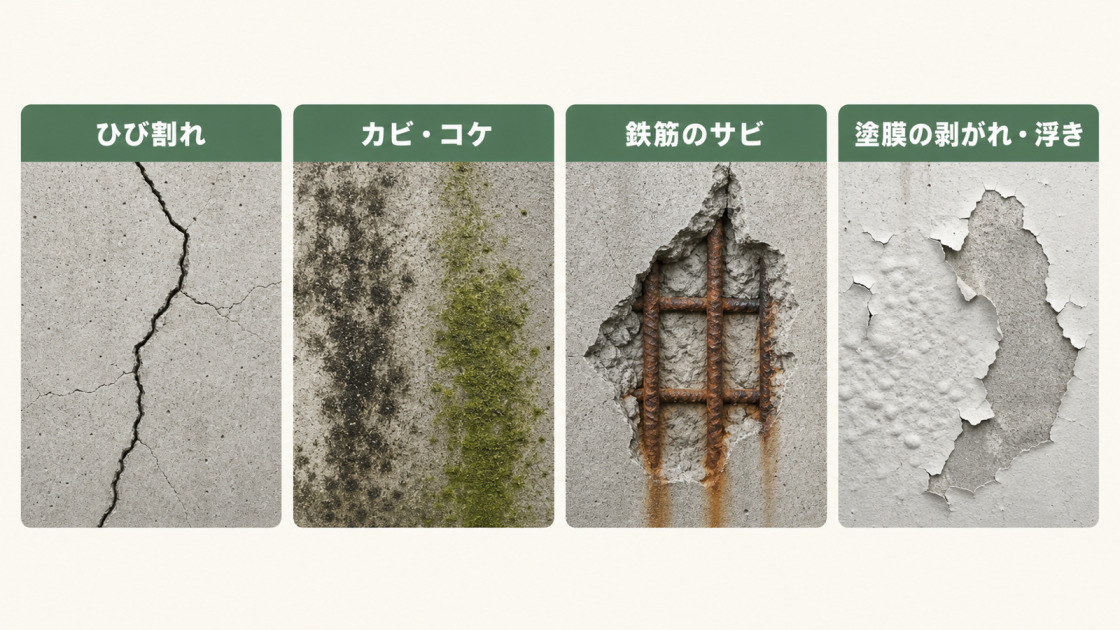 コンクリート塗装の劣化症状であるひび割れ、カビ・コケ、鉄筋のサビ、塗膜の剥がれ・浮きを示した図