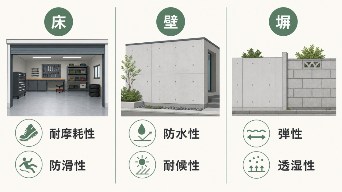 コンクリートの床・壁・塀で重視する塗料性能を、耐摩耗性・防滑性・防水性・耐候性・弾性・透湿性に分けた図