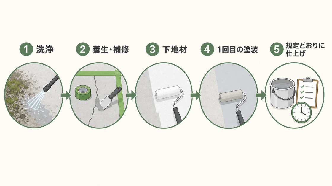 コンクリート塗装の施工手順を洗浄、養生・補修、下地材、1回目の塗装、規定どおりの仕上げの5段階で示した図