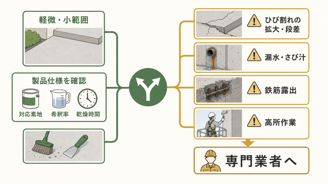 コンクリート塗装のDIY前に確認する項目と、ひび割れの拡大・漏水・鉄筋露出・高所作業で専門業者へ相談する判断目安