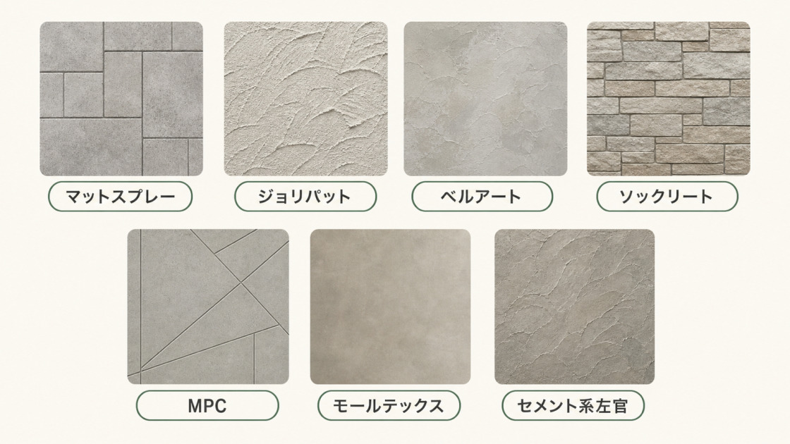 マットスプレー、ジョリパット、ベルアート、ソックリート、MPC、モールテックス、セメント系左官の仕上がり比較