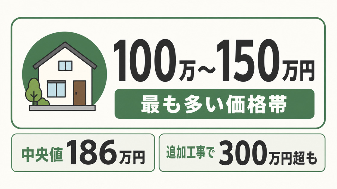一戸建ての耐震補強費用は100万〜150万円が最も多く、中央値186万円、追加工事で300万円超になる場合があることを示す図