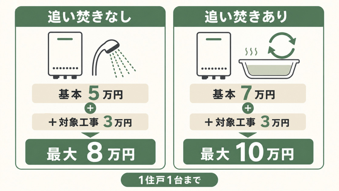賃貸集合給湯省エネ2026事業の補助額は追い焚きなしが基本5万円で最大8万円、追い焚きありが基本7万円で最大10万円、上限は1住戸1台