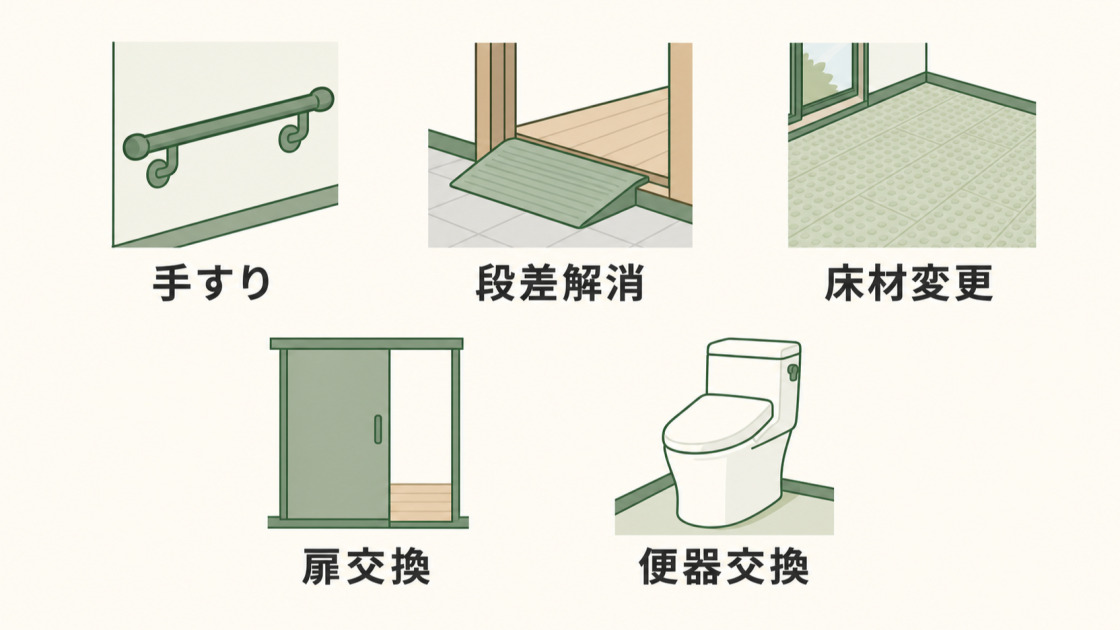 手すり設置、段差解消、床材変更、扉交換、便器交換の5つの対象工事を示す図解