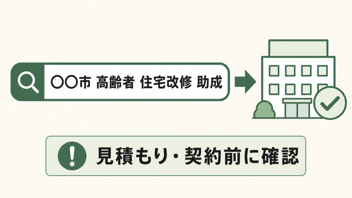 自治体名と高齢者・住宅改修・助成で検索し、見積もりや契約の前に制度を確認することを促す図解