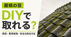 苔が生えた屋根と「屋根の苔はDIYで取れる?原因・費用相場・安全な除去方法」の文字