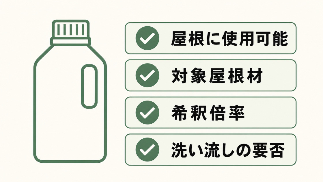 苔除去剤のラベルで屋根に使用可能か、対象屋根材、希釈倍率、洗い流しの要否を確認するチェックリスト