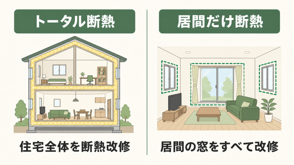 既存住宅における断熱リフォーム支援事業のトータル断熱と居間だけ断熱を比較した図解