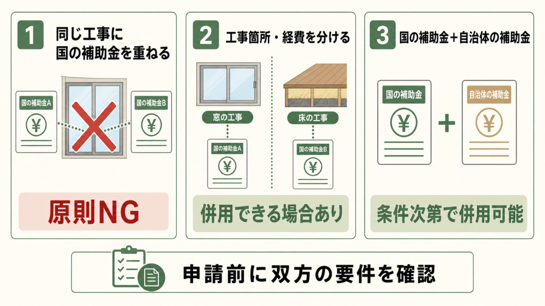 同じ工事への国の補助金の重複は原則不可で、工事箇所を分ける場合や自治体補助は条件次第で併用できることを示す図解