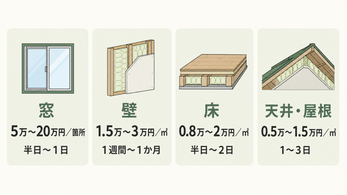 断熱リフォームの窓・壁・床・天井屋根の費用相場と工事期間を比較した図解