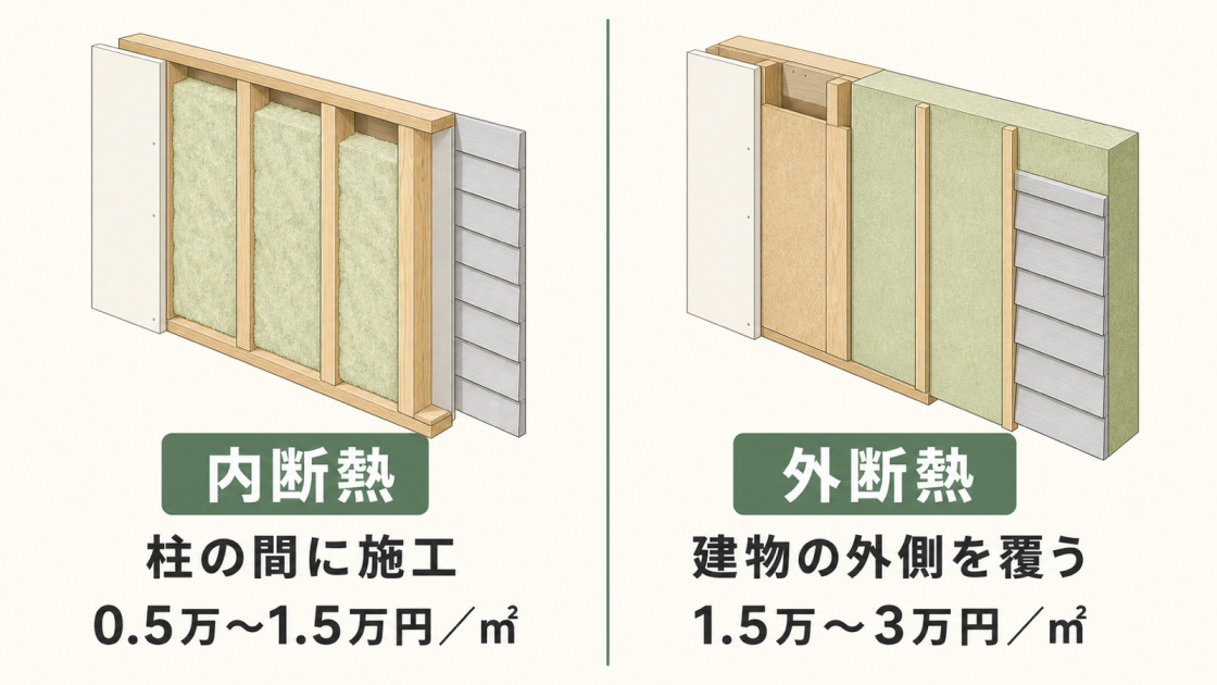 壁の内断熱と外断熱の施工位置と費用相場の違いを比較した図解