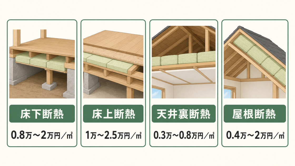 床下断熱・床上断熱・天井裏断熱・屋根断熱の施工位置と費用を比較した図解