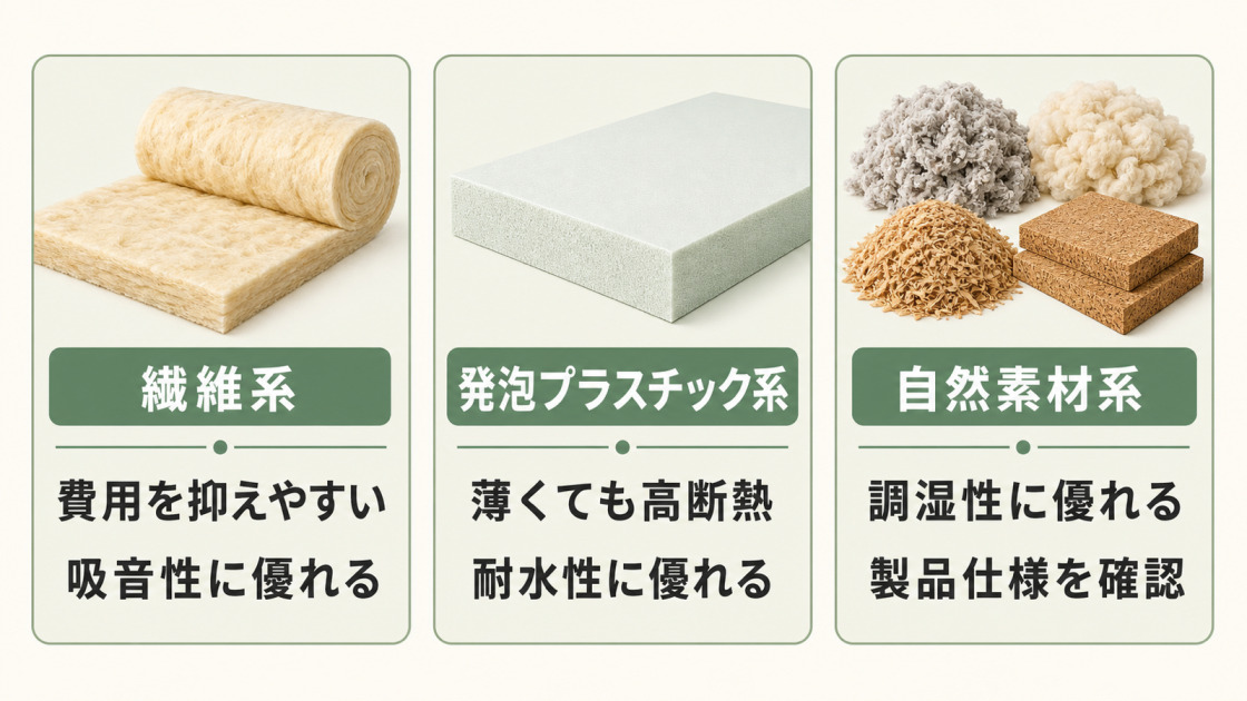 繊維系・発泡プラスチック系・自然素材系の断熱材の特徴を比較した図解