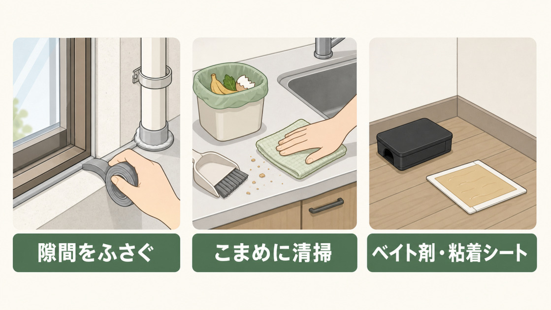 隙間をふさぎ、こまめに清掃し、ベイト剤や粘着シートを使って虫の侵入を防ぐ対策を示す図解