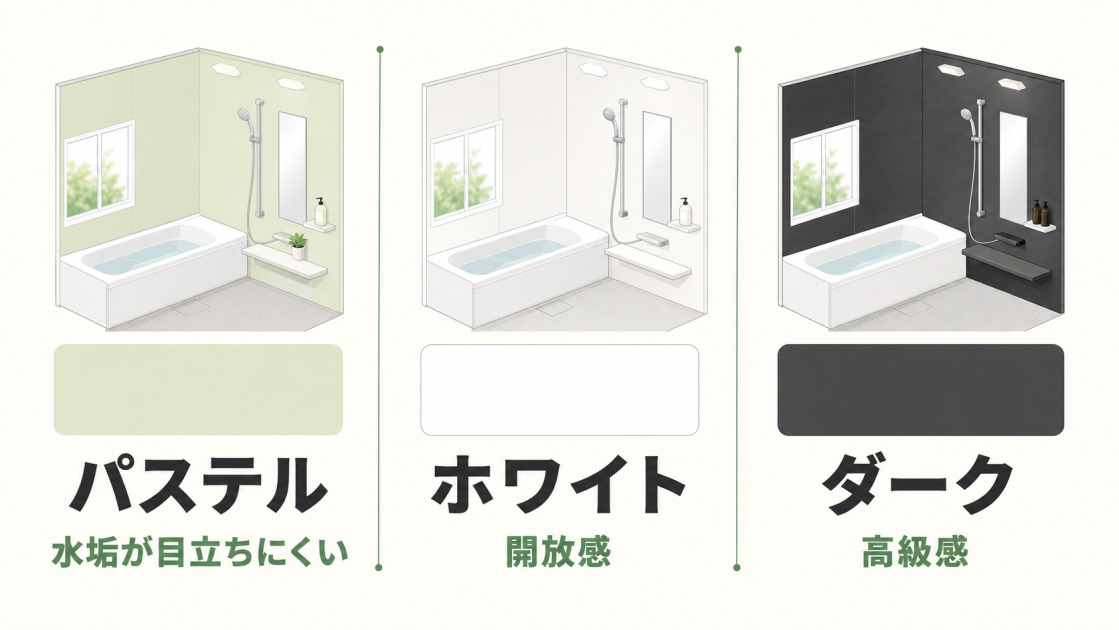 浴室の壁色として人気のパステル、ホワイト、ダークを、水垢の目立ちにくさ、開放感、高級感で比較した図