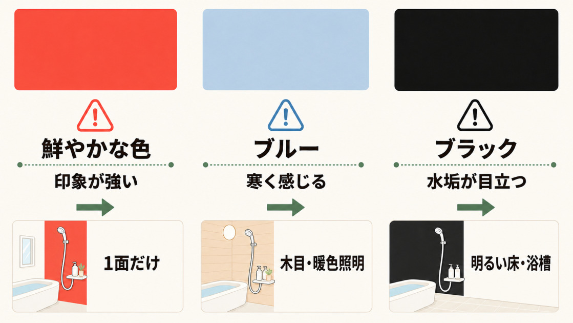 鮮やかな色は1面だけ、ブルーは木目や暖色照明と組み合わせ、ブラックは明るい床や浴槽と合わせる対策を示す図