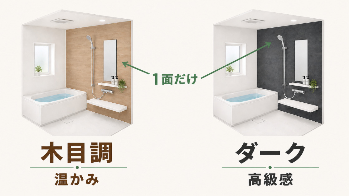 浴室の壁1面だけを木目調またはダークカラーにして、温かみや高級感を演出するアクセントパネルの図