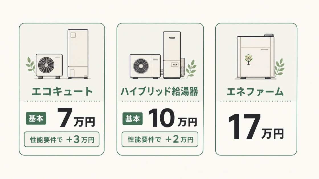 給湯省エネ2026事業の補助額を比較した図。エコキュートは基本7万円、ハイブリッド給湯器は基本10万円、エネファームは17万円。