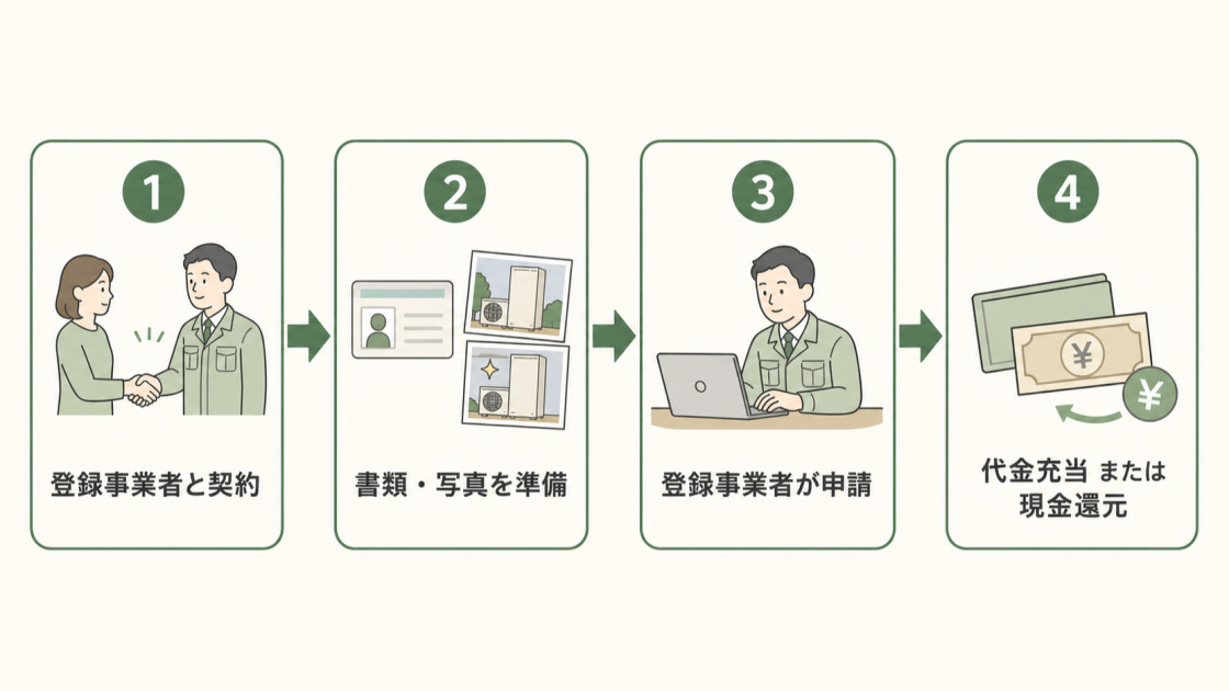 給湯省エネ2026事業の申請手順。登録事業者と契約し、書類と工事写真を準備すると、登録事業者が申請し、補助金は代金充当または現金で還元される。