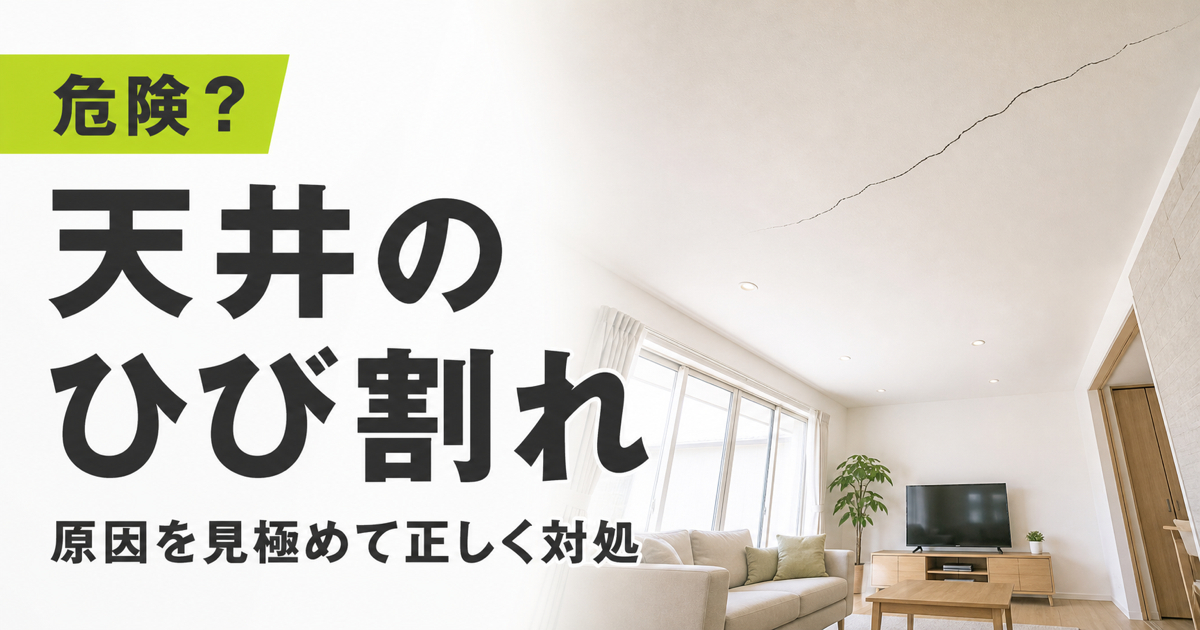 天井にひび割れが入ったリビングと、原因を見極めて正しく対処する重要性を示すサムネイル画像