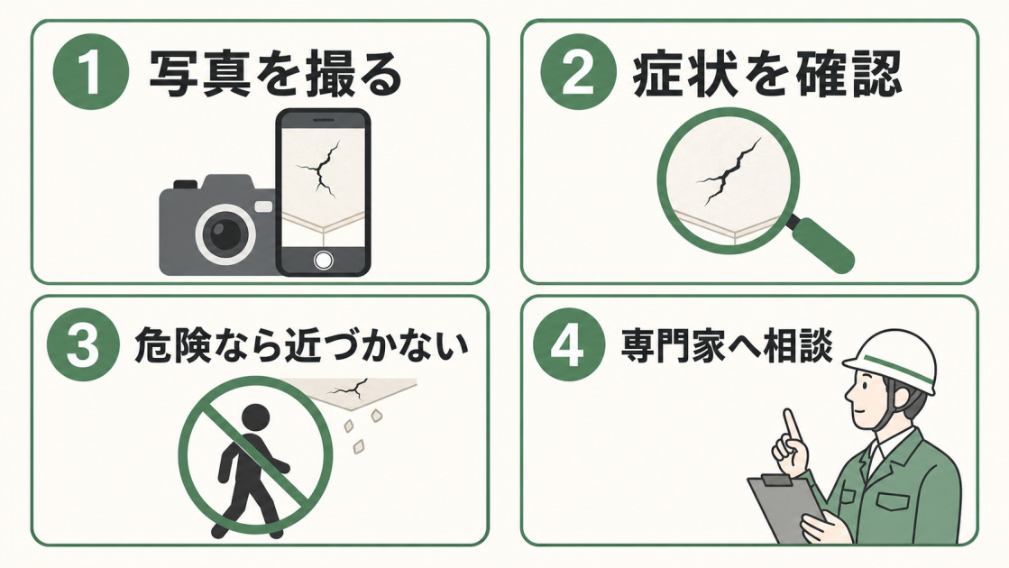 天井のひび割れ発見後に写真撮影・症状確認・安全確保・専門家相談を行う手順