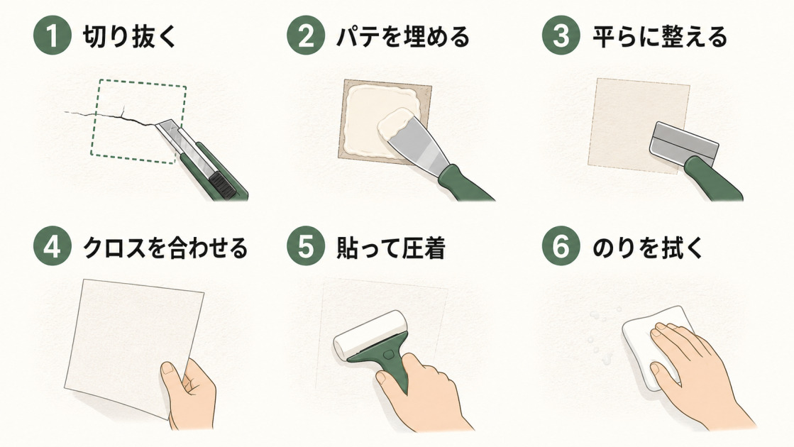 天井クロスのひび割れを切り抜きからのりの拭き取りまで6工程で補修する手順