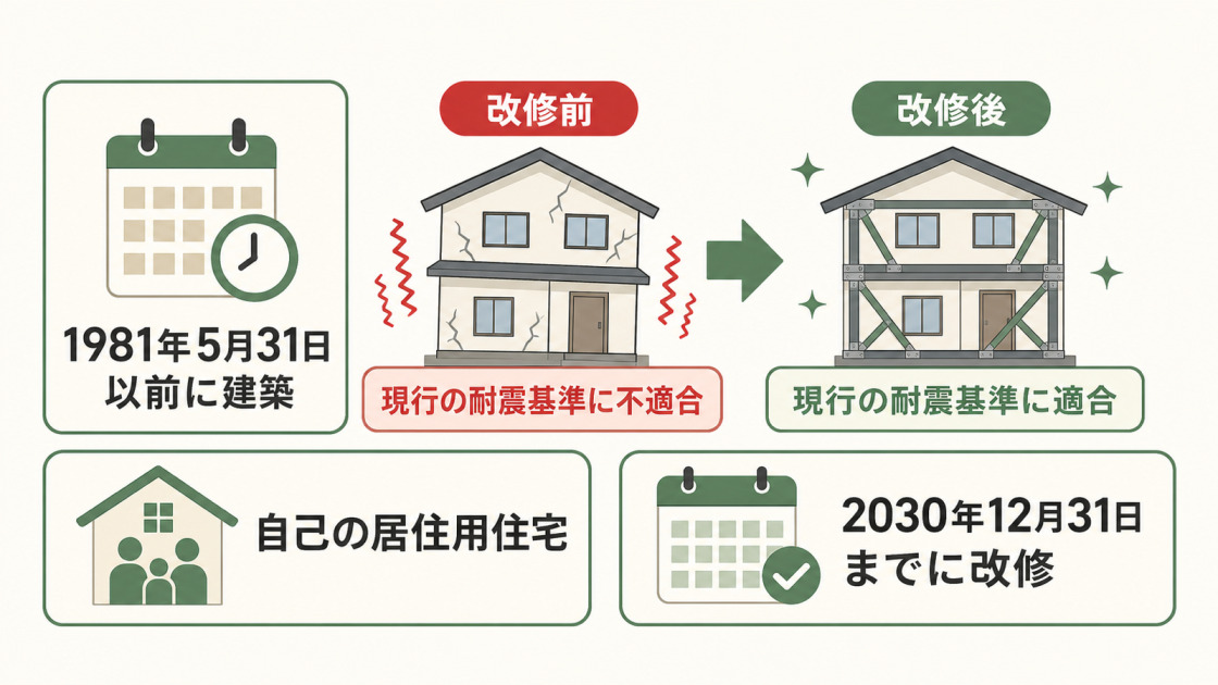 1981年5月31日以前に建築された自己居住用住宅を、2030年12月31日までに現行の耐震基準へ適合させる耐震改修が対象であることを示す図解
