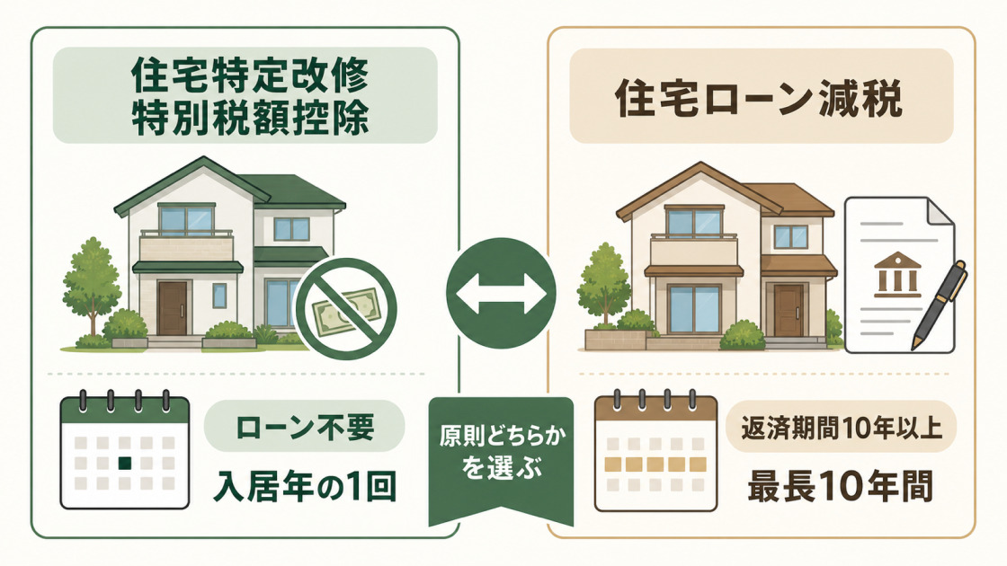 住宅特定改修特別税額控除はローン不要で入居年の1回、住宅ローン減税は返済期間10年以上で最長10年間となり、原則どちらかを選ぶことを示す比較図