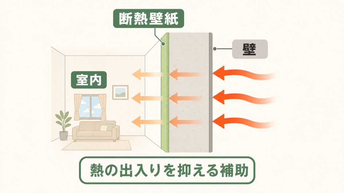 断熱壁紙が室内と壁の間で熱の出入りを抑える補助となる仕組み