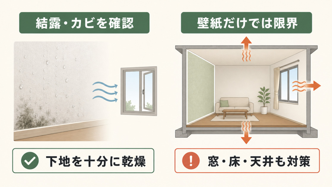 断熱壁紙の施工前に結露・カビを確認し、窓・床・天井の断熱も組み合わせる注意点