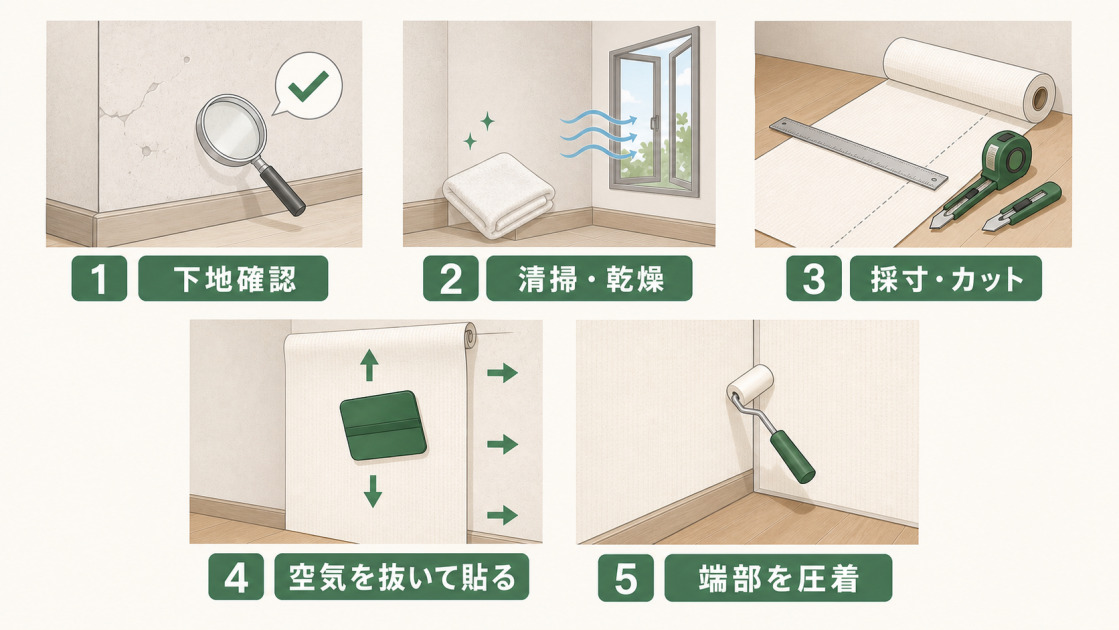 断熱壁紙をDIYで施工する際の下地確認から端部の圧着までの5つの手順
