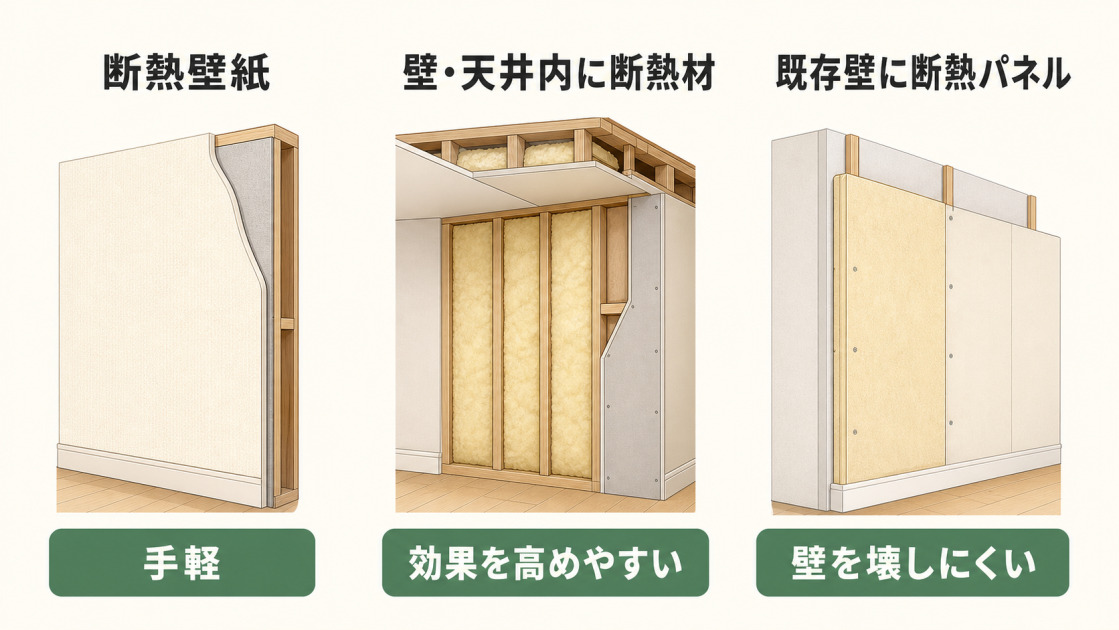 断熱壁紙・壁と天井内の断熱材・既存壁に張る断熱パネルの3つの工法比較
