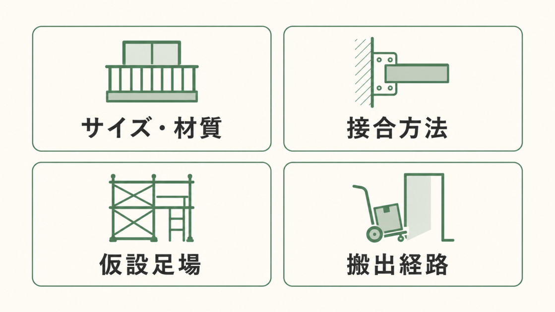サイズ・材質、接合方法、仮設足場、搬出経路がバルコニー撤去費用を左右することを示す図解