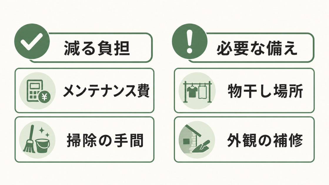 撤去でメンテナンス費と掃除の手間が減る一方、物干し場所と外観補修への備えが必要なことを示す図解