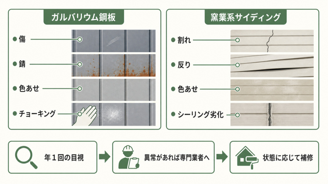 ガルバリウム鋼板の傷・錆・色あせ・チョーキングと、窯業系サイディングの割れ・反り・色あせ・シーリング劣化を年1回目視し、異常時は専門業者へ相談する流れを示す図