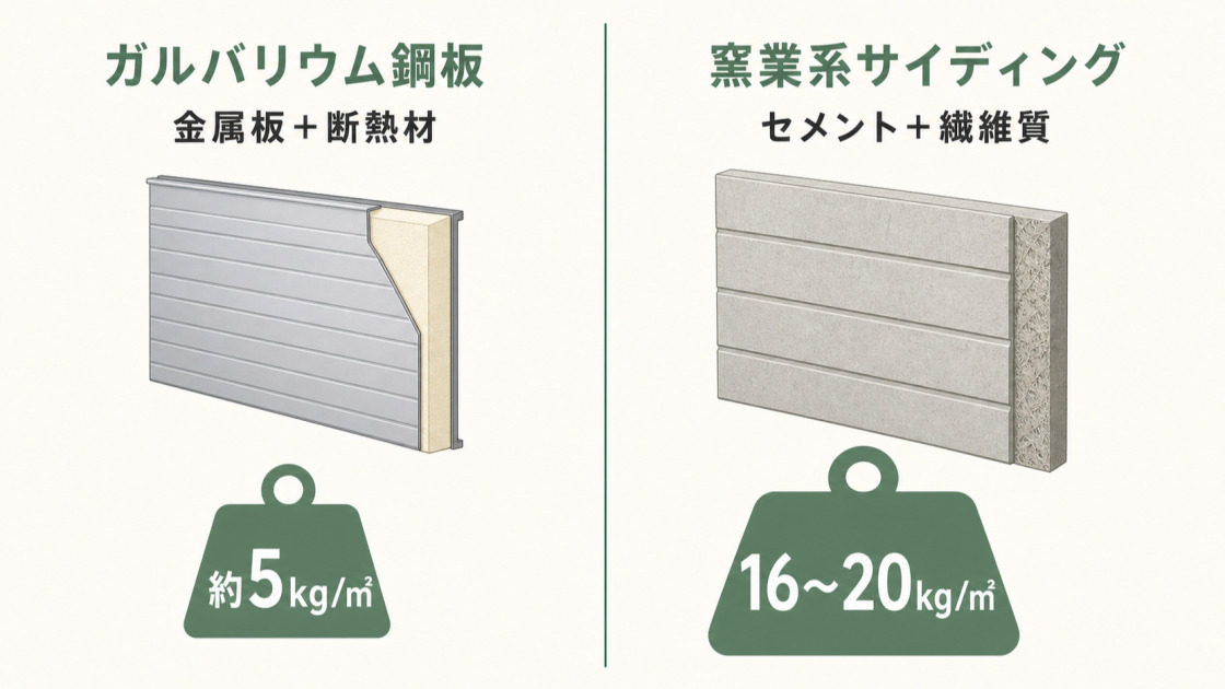 ガルバリウム鋼板は金属板と断熱材で約5kg/㎡、窯業系サイディングはセメントと繊維質で16〜20kg/㎡であることを示す比較図