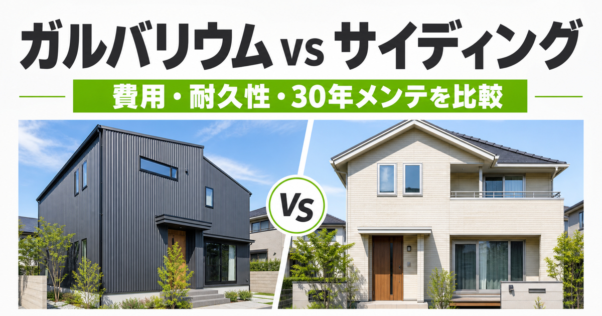 ガルバリウム鋼板とサイディングの住宅外壁を左右で比較したイメージ