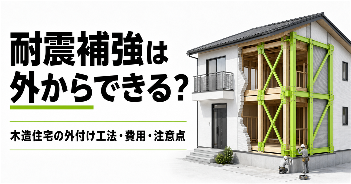 外側に緑色の補強フレームを設置した木造住宅と「耐震補強は外からできる?」の文字